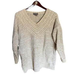 New York Style Beige Oatmeal V Neck Sweater Medium Oversized Chunky Sweater